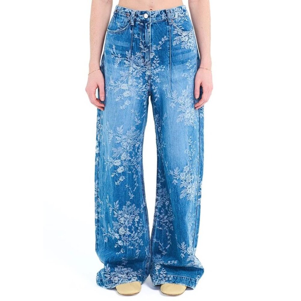 ANGGAE Women's Flower Jacquard Artist Denim Pants M In Blue